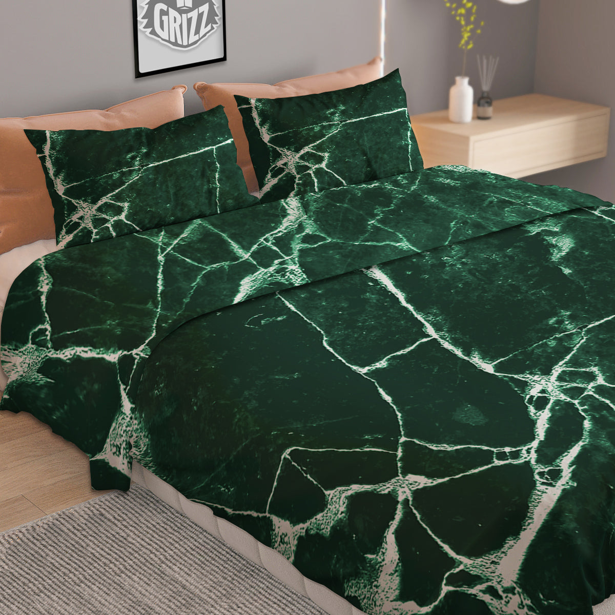 White And Dark Green Marble Texture Print Duvet Cover Bedding Set