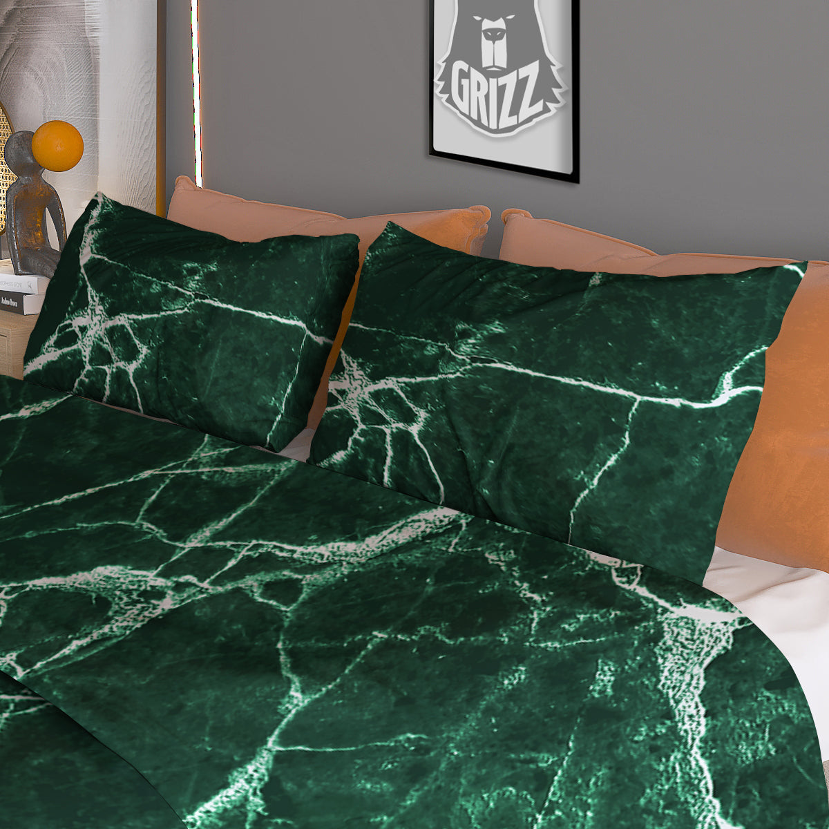White And Dark Green Marble Texture Print Duvet Cover Bedding Set