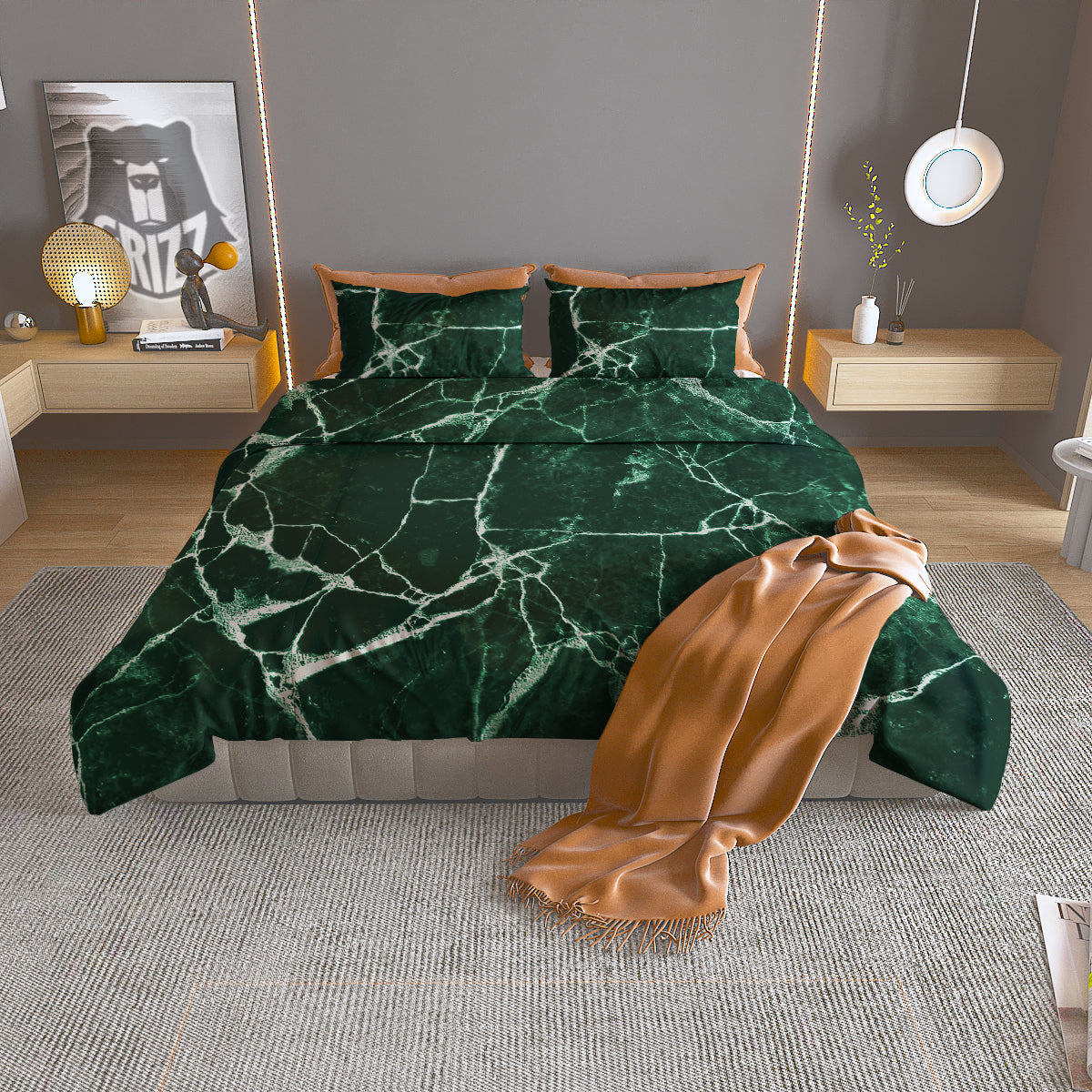 White And Dark Green Marble Texture Print Duvet Cover Bedding Set
