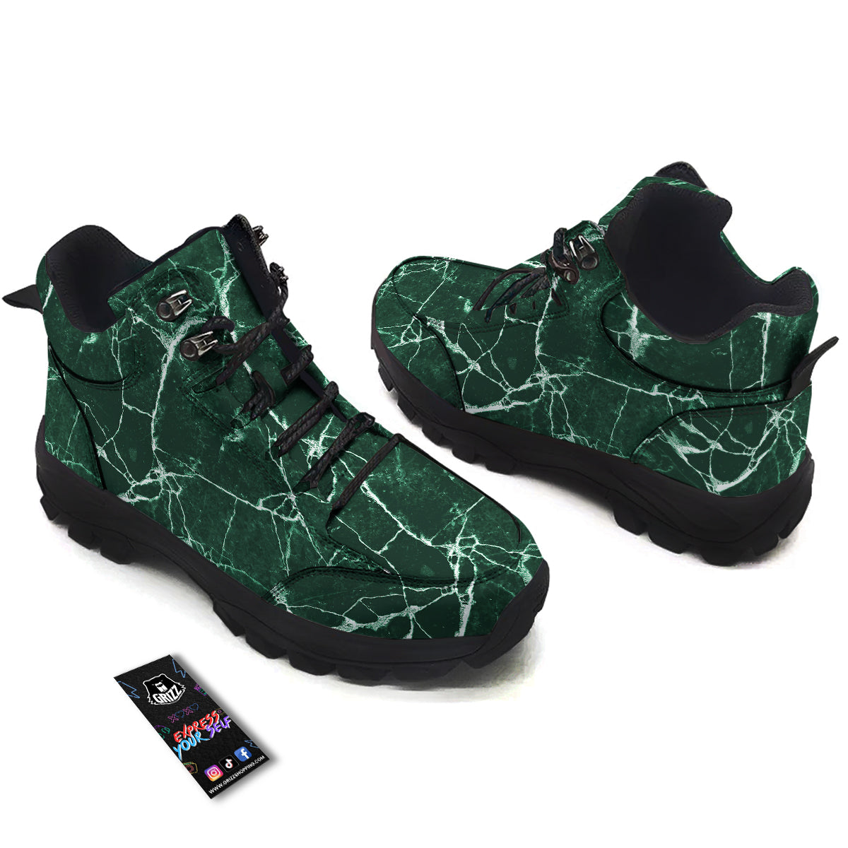 White And Dark Green Marble Texture Print Hiking Shoes-grizzshop