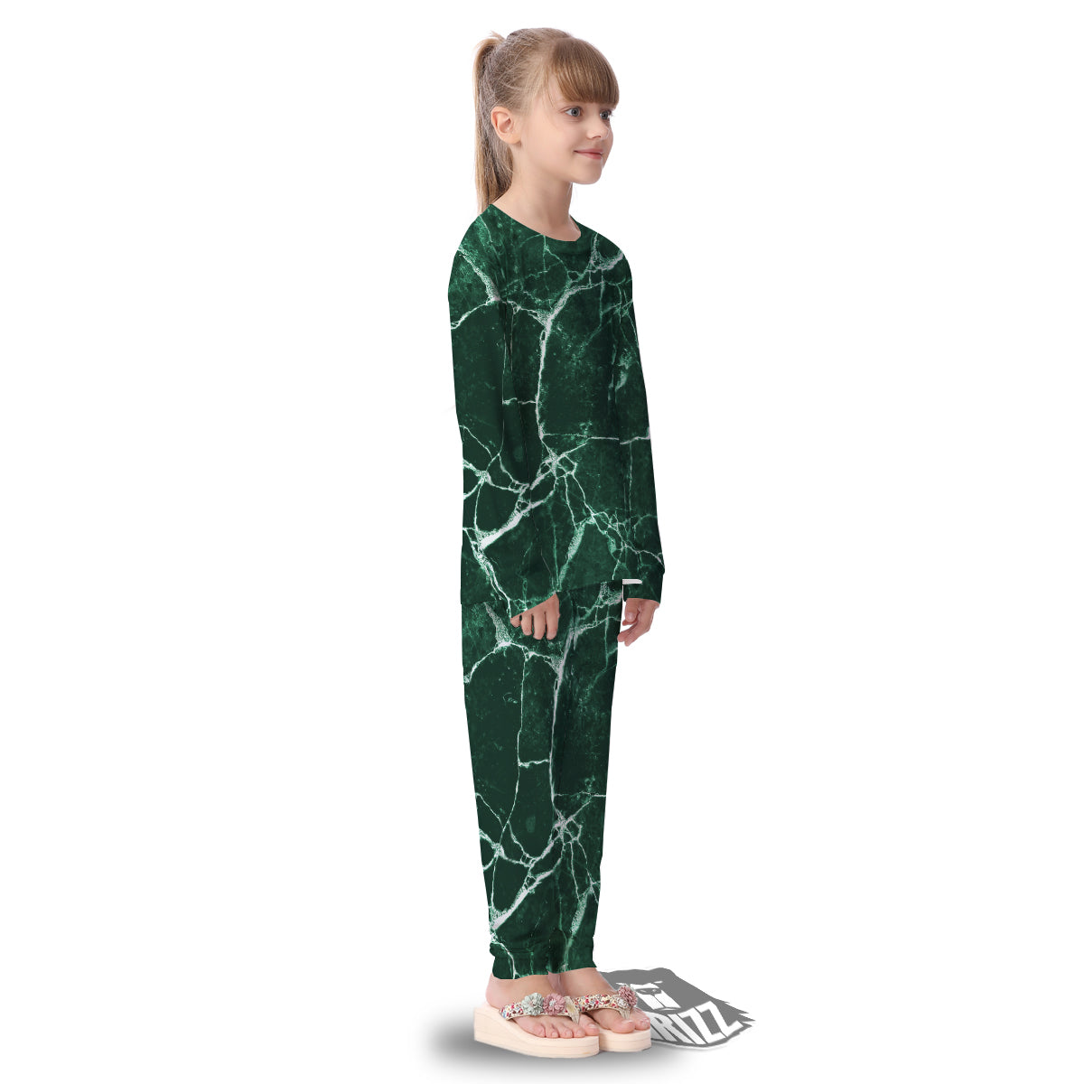 White And Dark Green Marble Texture Print Kid's Pajamas-grizzshop