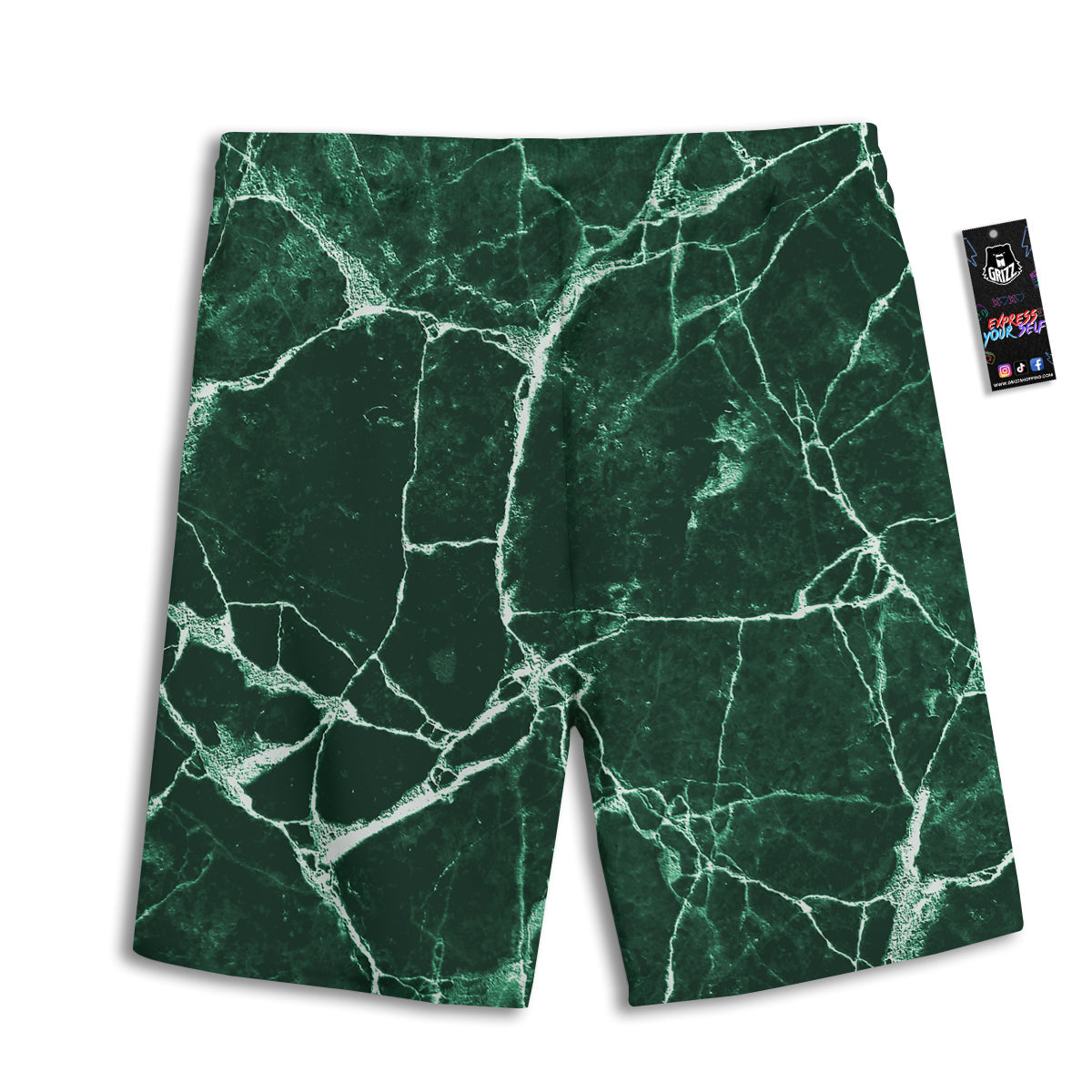 White And Dark Green Marble Texture Print Men's Athletic Shorts