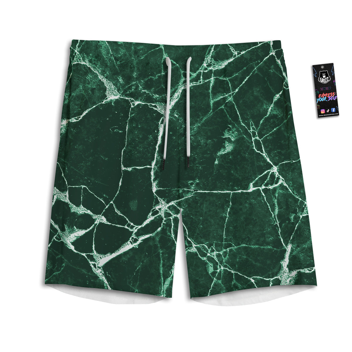 White And Dark Green Marble Texture Print Men's Athletic Shorts