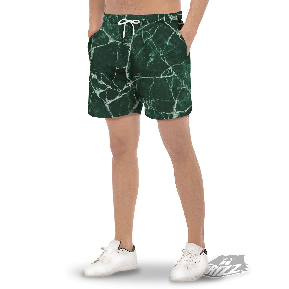 White And Dark Green Marble Texture Print Men's Gym Shorts-grizzshop