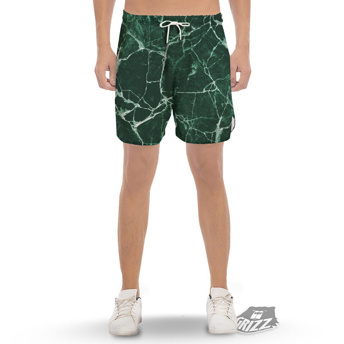 White And Dark Green Marble Texture Print Men's Gym Shorts-grizzshop
