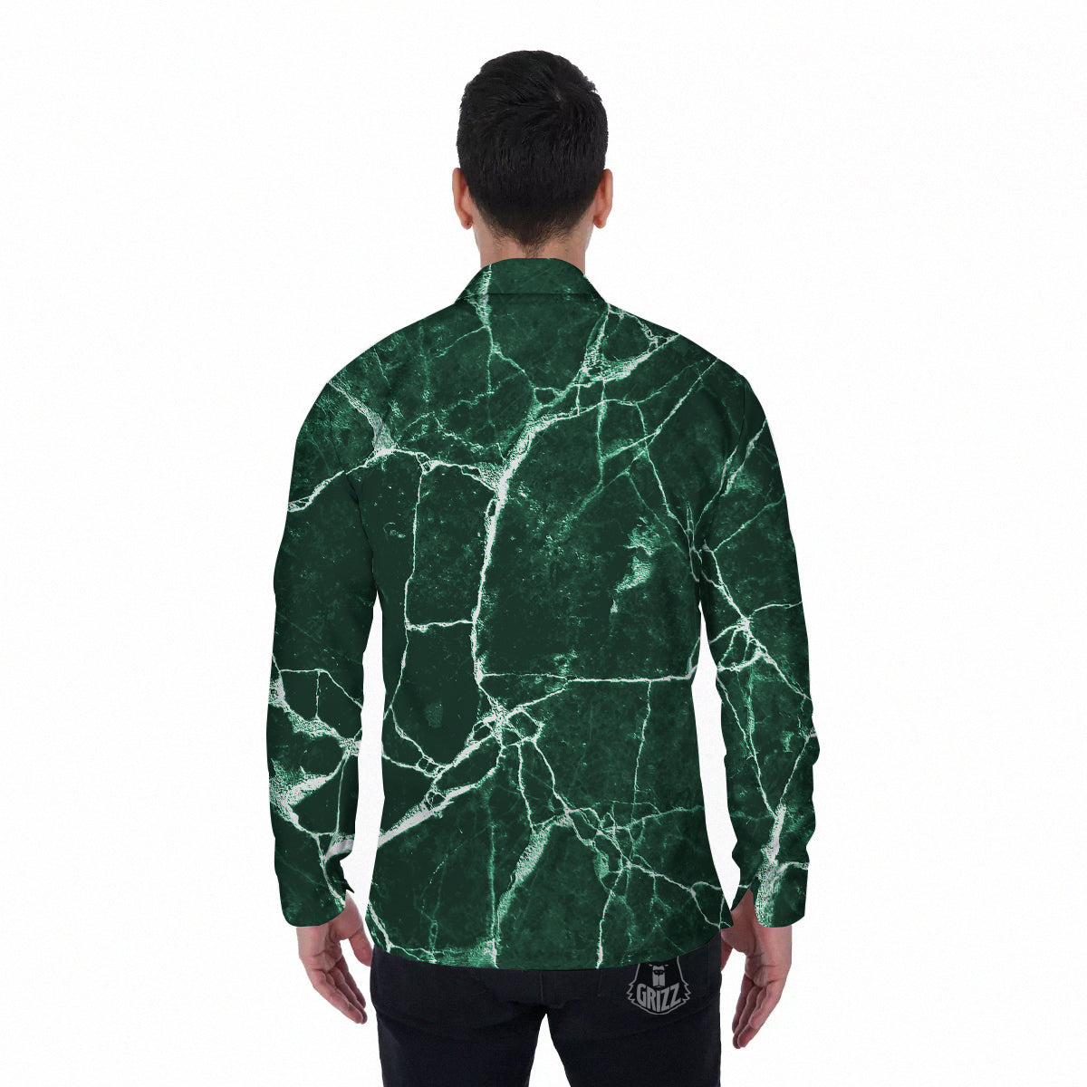 White And Dark Green Marble Texture Print Men's Long Sleeve Shirts-grizzshop