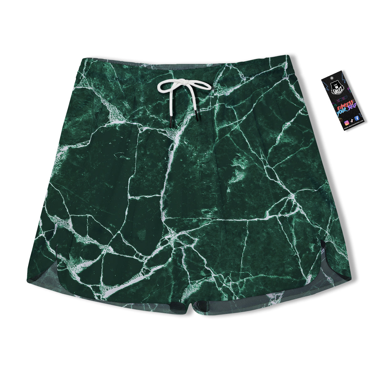 White And Dark Green Marble Texture Print Men's Running Shorts-grizzshop