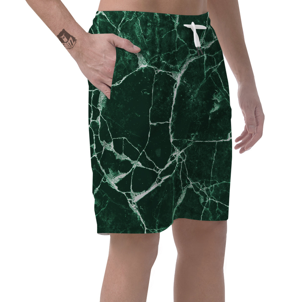 White And Dark Green Marble Texture Print Men's Shorts-grizzshop