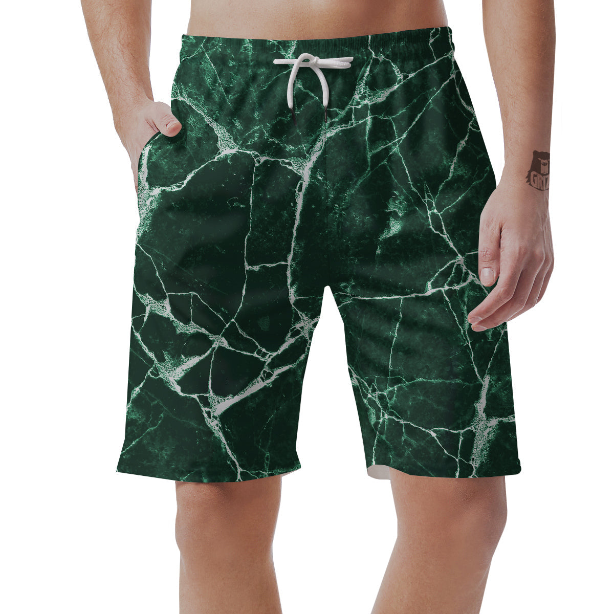 White And Dark Green Marble Texture Print Men's Shorts-grizzshop