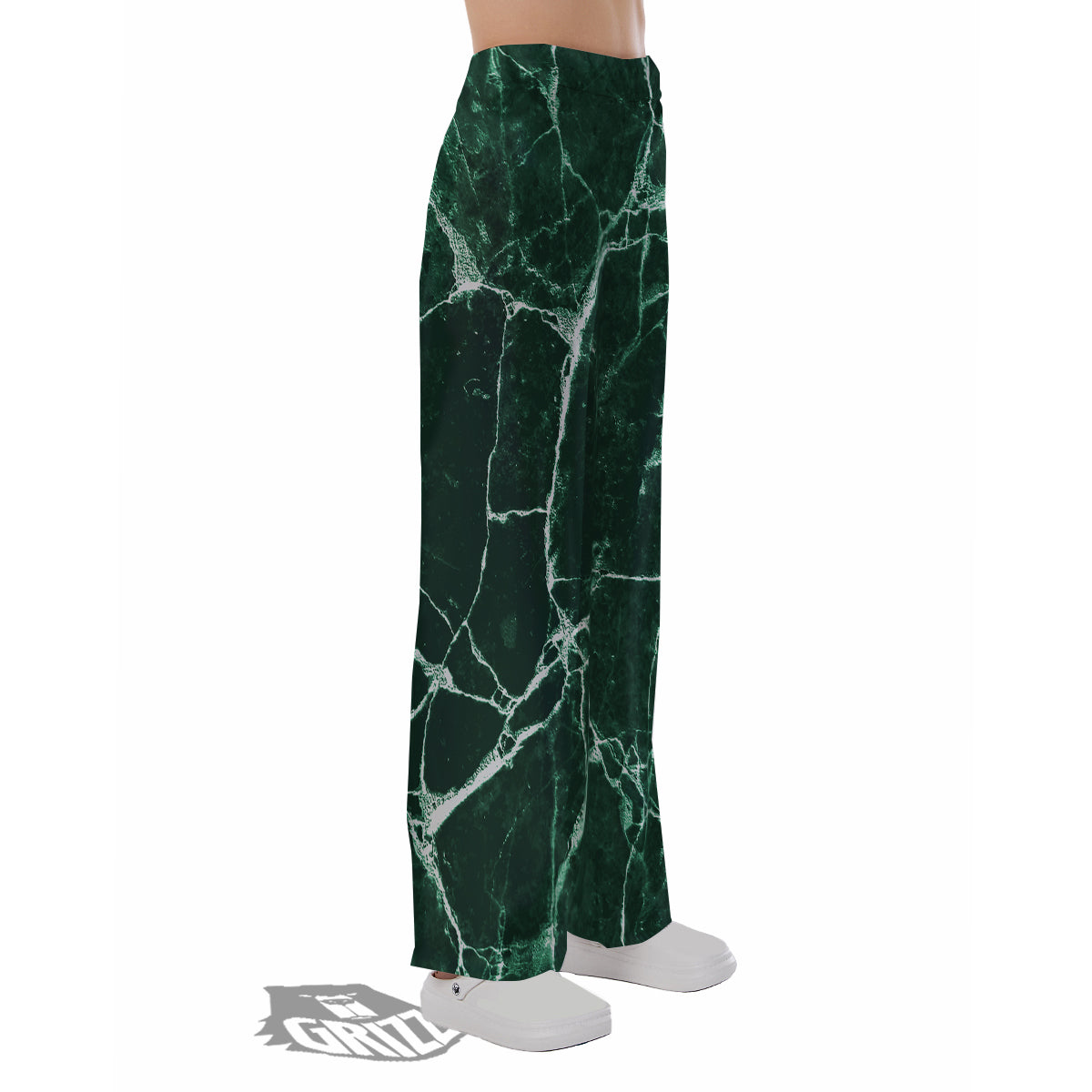 White And Dark Green Marble Texture Print Pajama Pants-grizzshop