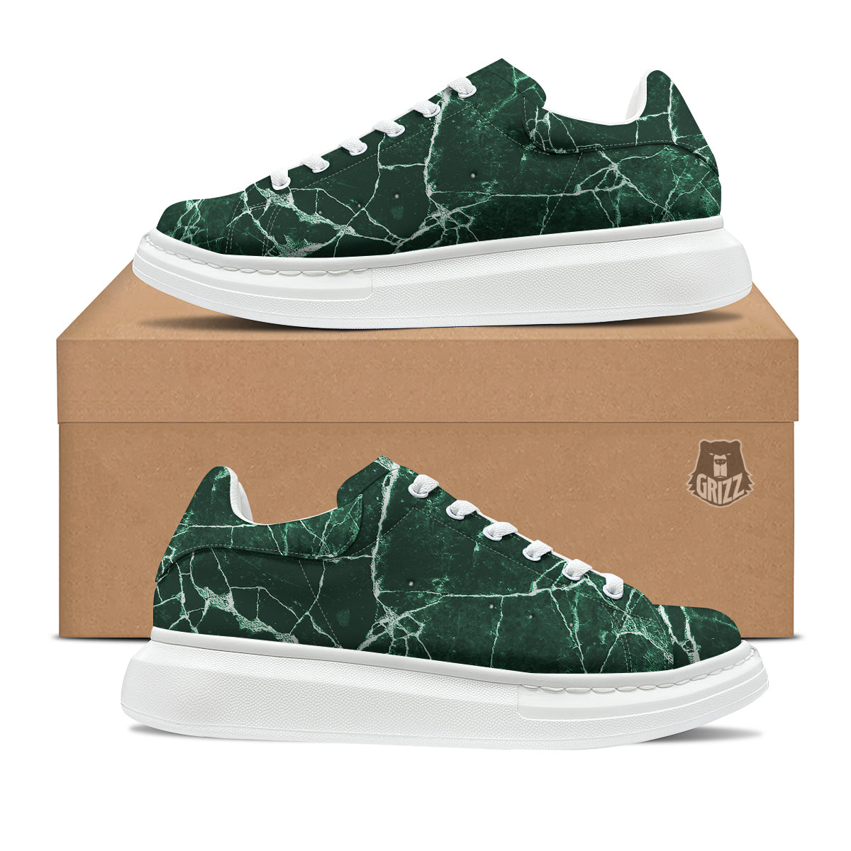 White And Dark Green Marble Texture Print Platform Shoes-grizzshop