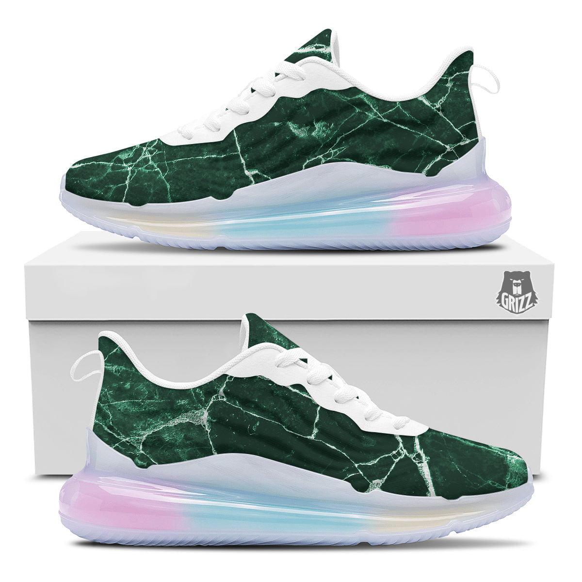 White And Dark Green Marble Texture Print Running Sneakers-grizzshop