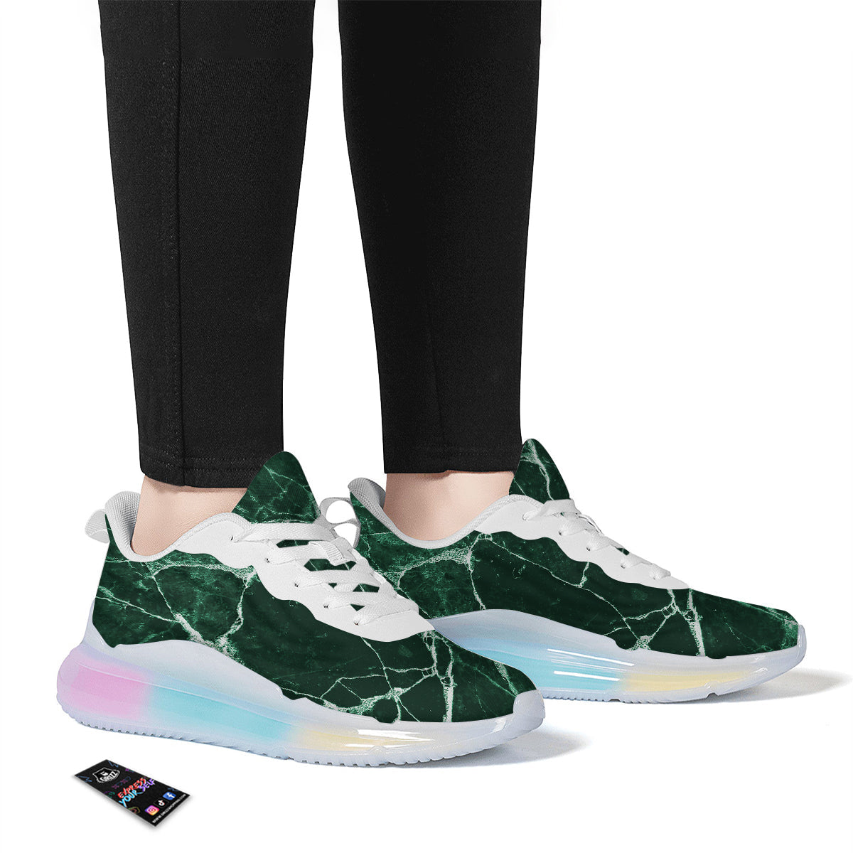 White And Dark Green Marble Texture Print Running Sneakers-grizzshop