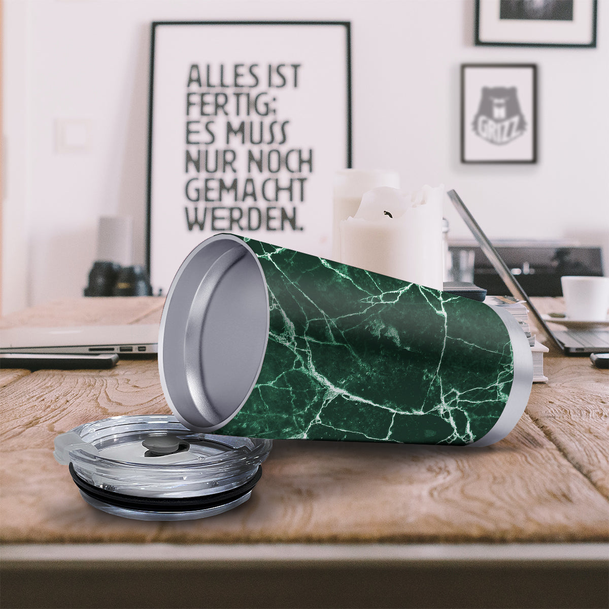 White And Dark Green Marble Texture Print Tumbler-grizzshop