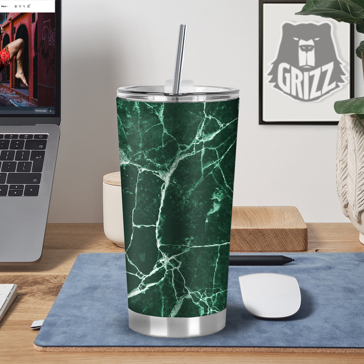 White And Dark Green Marble Texture Print Tumbler-grizzshop