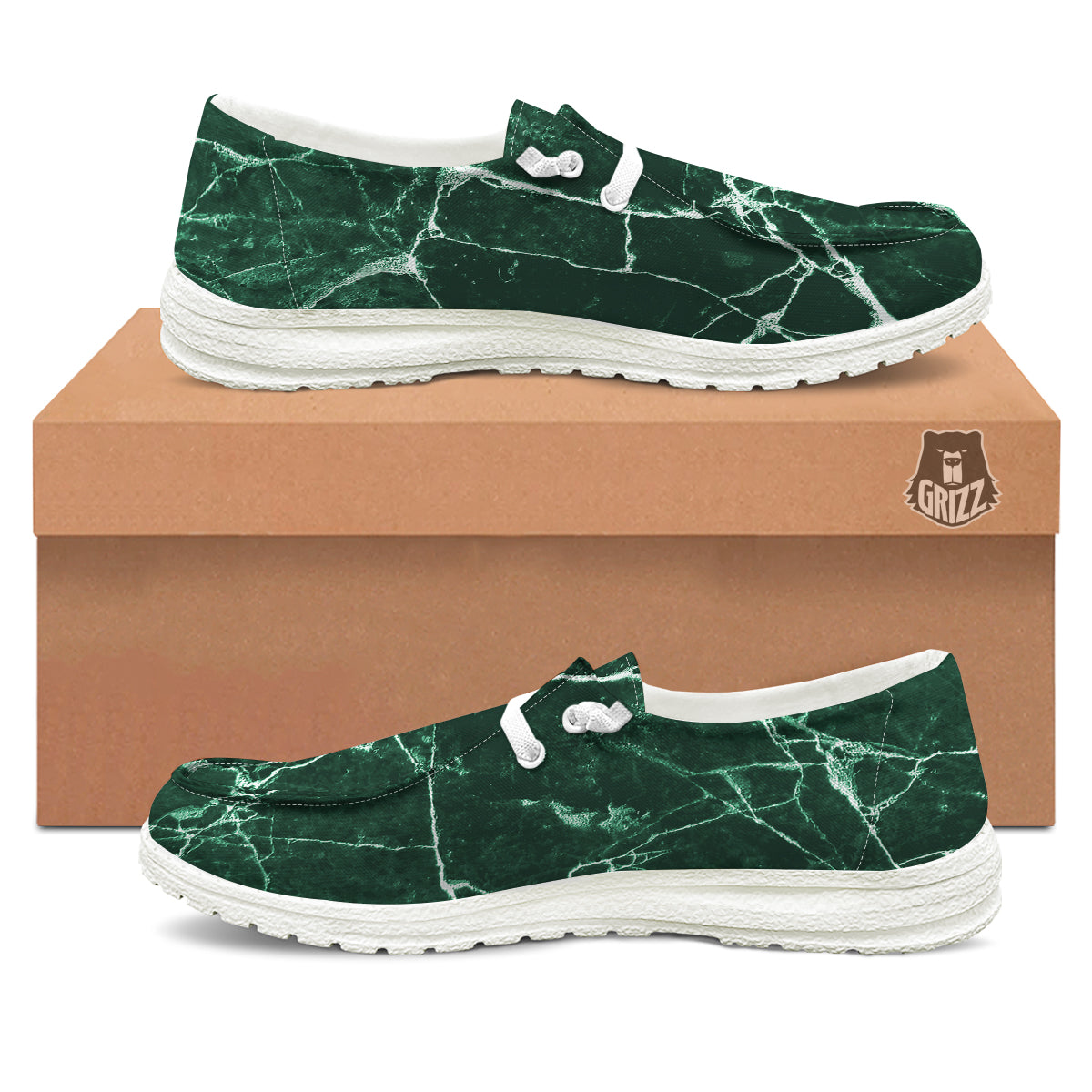 White And Dark Green Marble Texture Print White Loafers-grizzshop