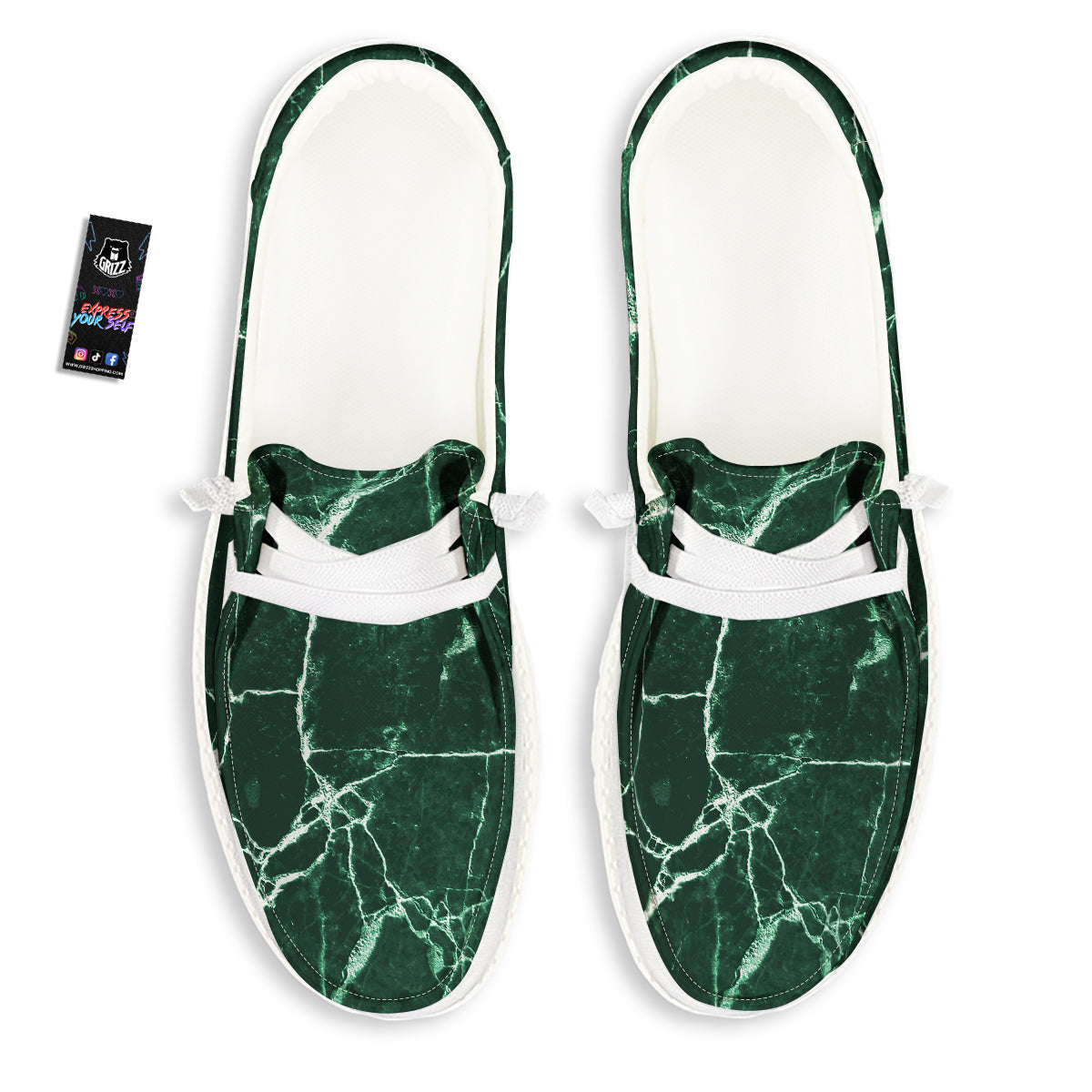 White And Dark Green Marble Texture Print White Loafers-grizzshop