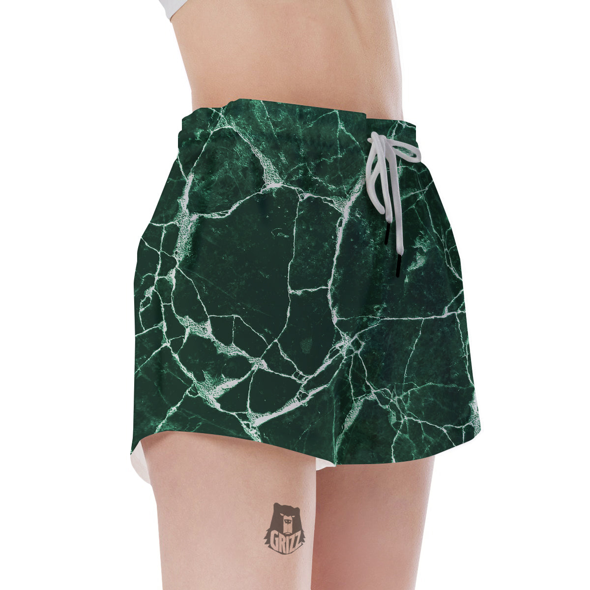 White And Dark Green Marble Texture Print Women's Shorts-grizzshop