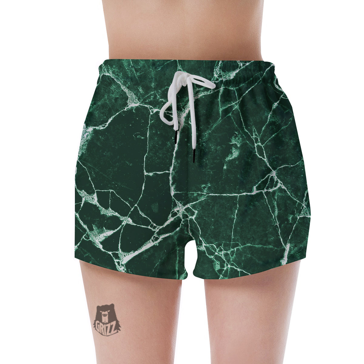 White And Dark Green Marble Texture Print Women's Shorts-grizzshop