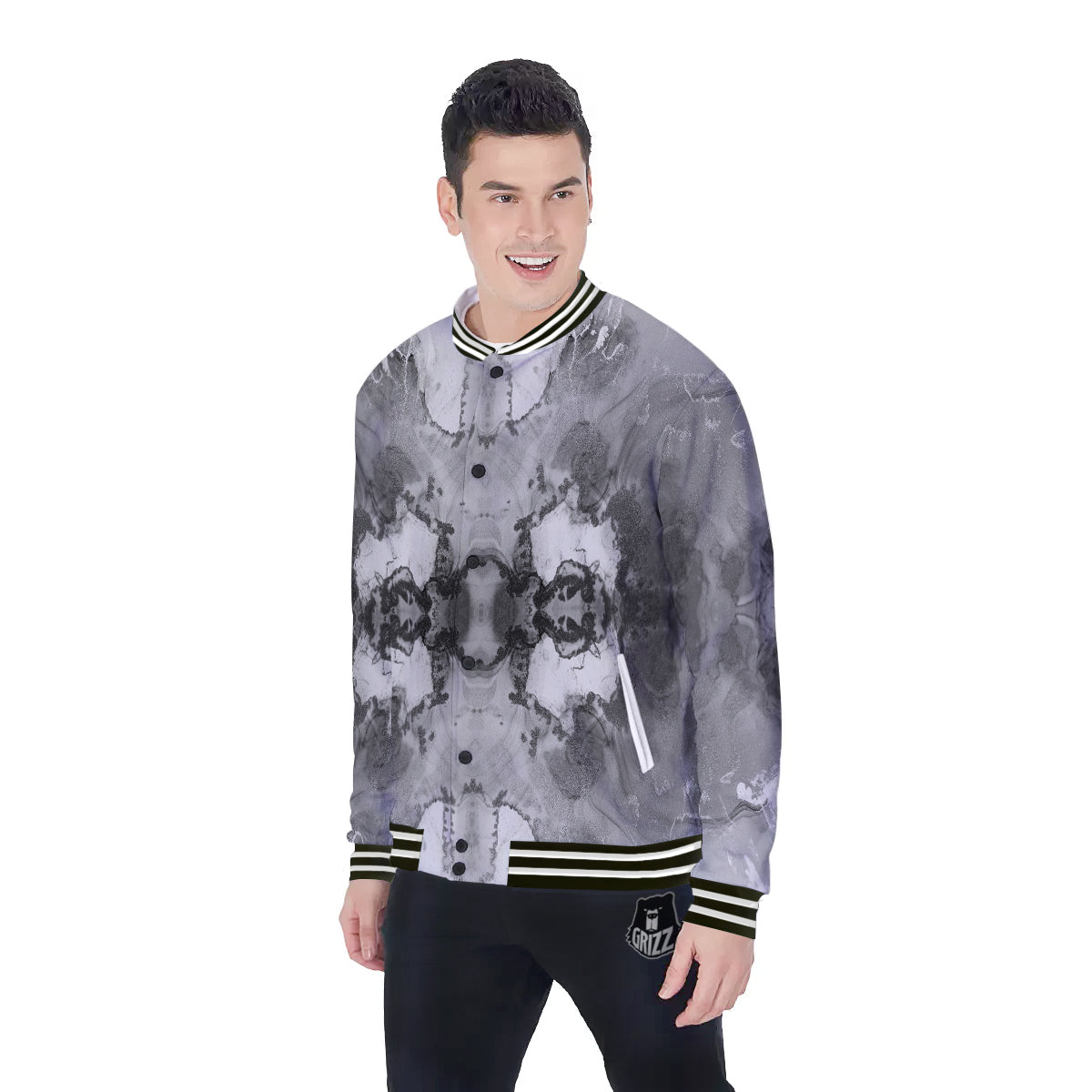 White And Dark Grey Marble Print Pattern Baseball Jacket-grizzshop
