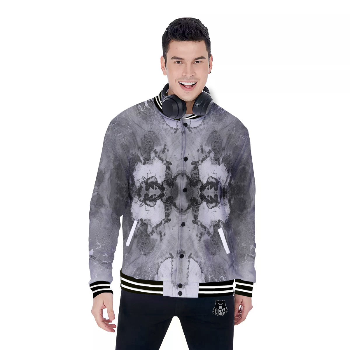 White And Dark Grey Marble Print Pattern Baseball Jacket-grizzshop