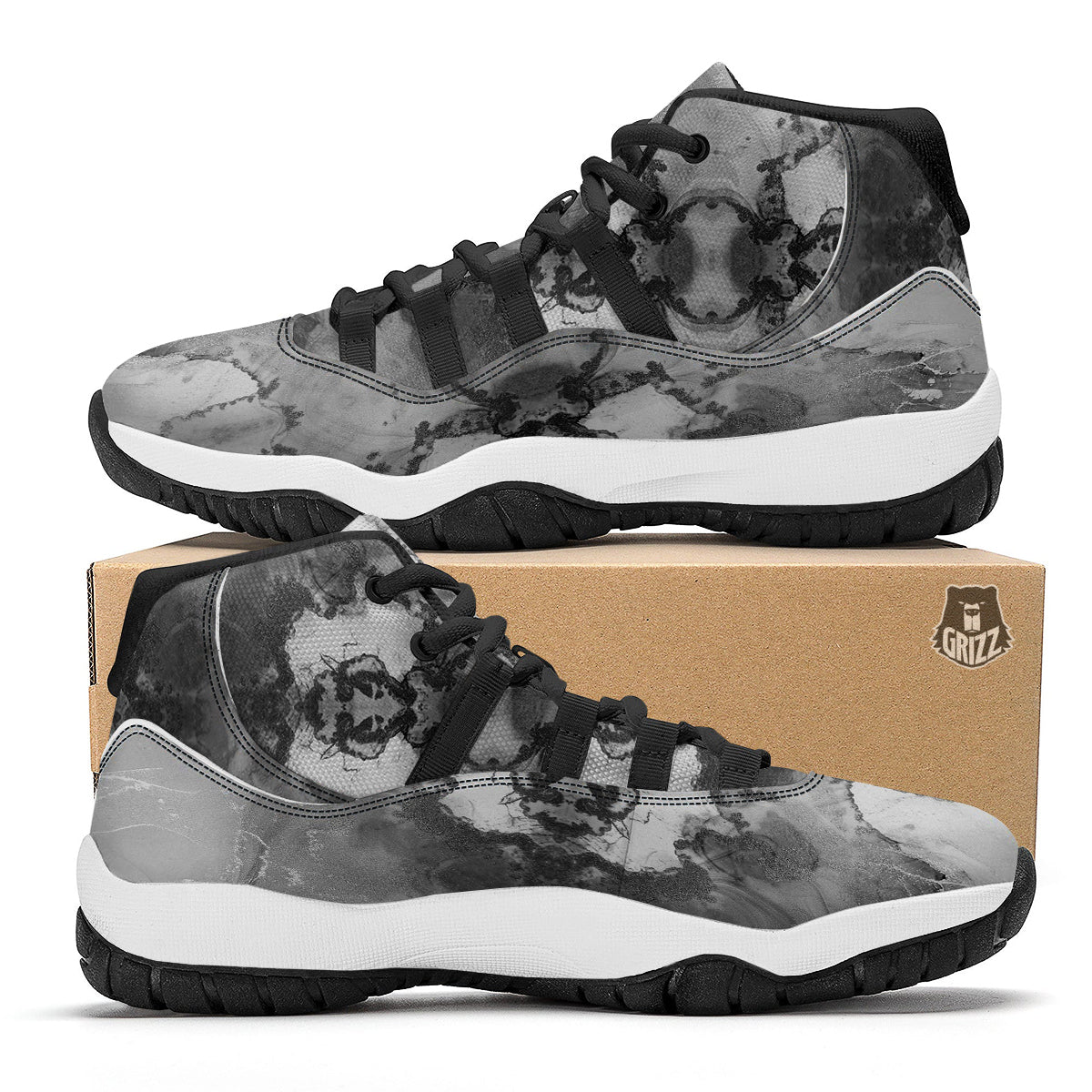 White And Dark Grey Marble Print Pattern Black Bball Shoes-grizzshop