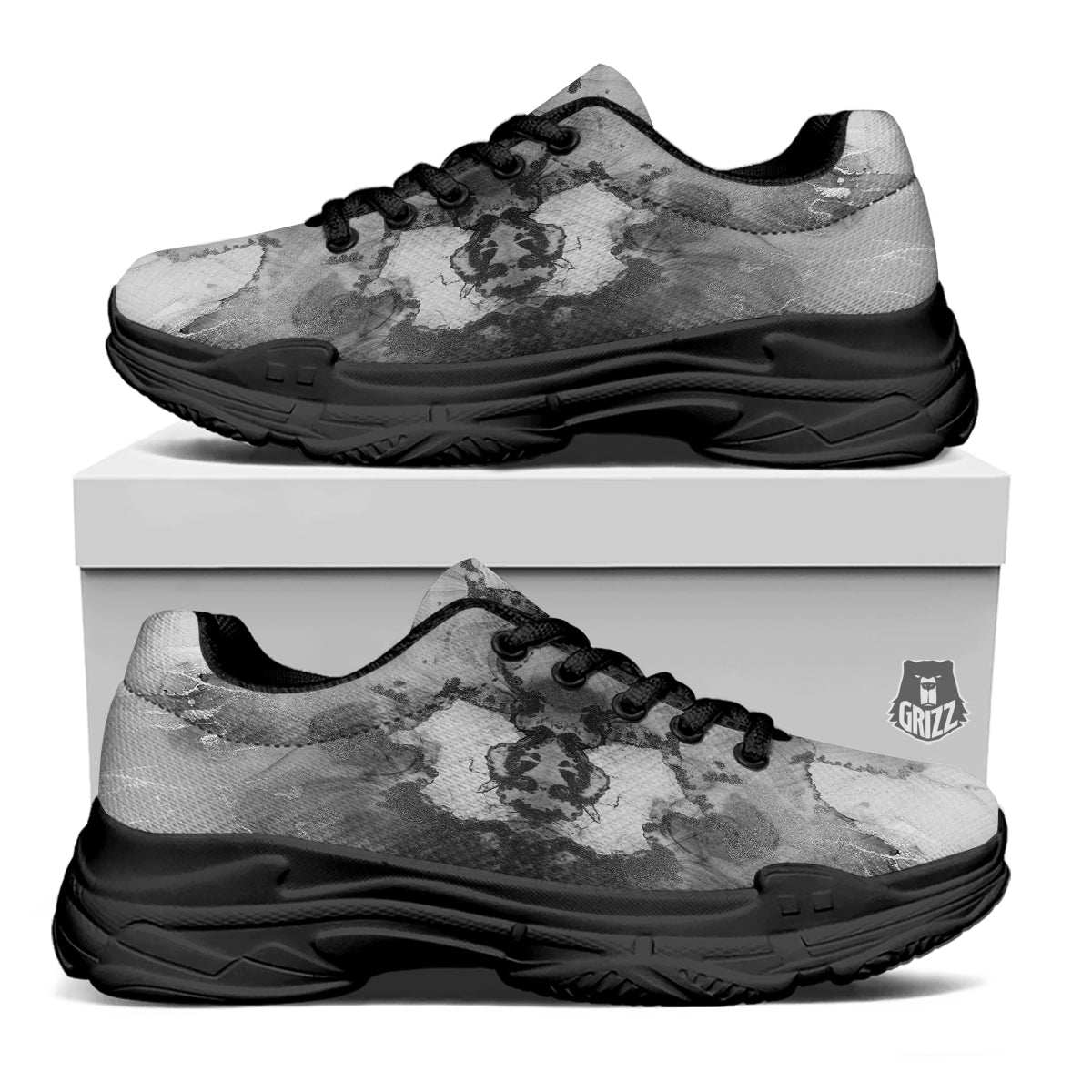 White And Dark Grey Marble Print Pattern Black Chunky Shoes-grizzshop