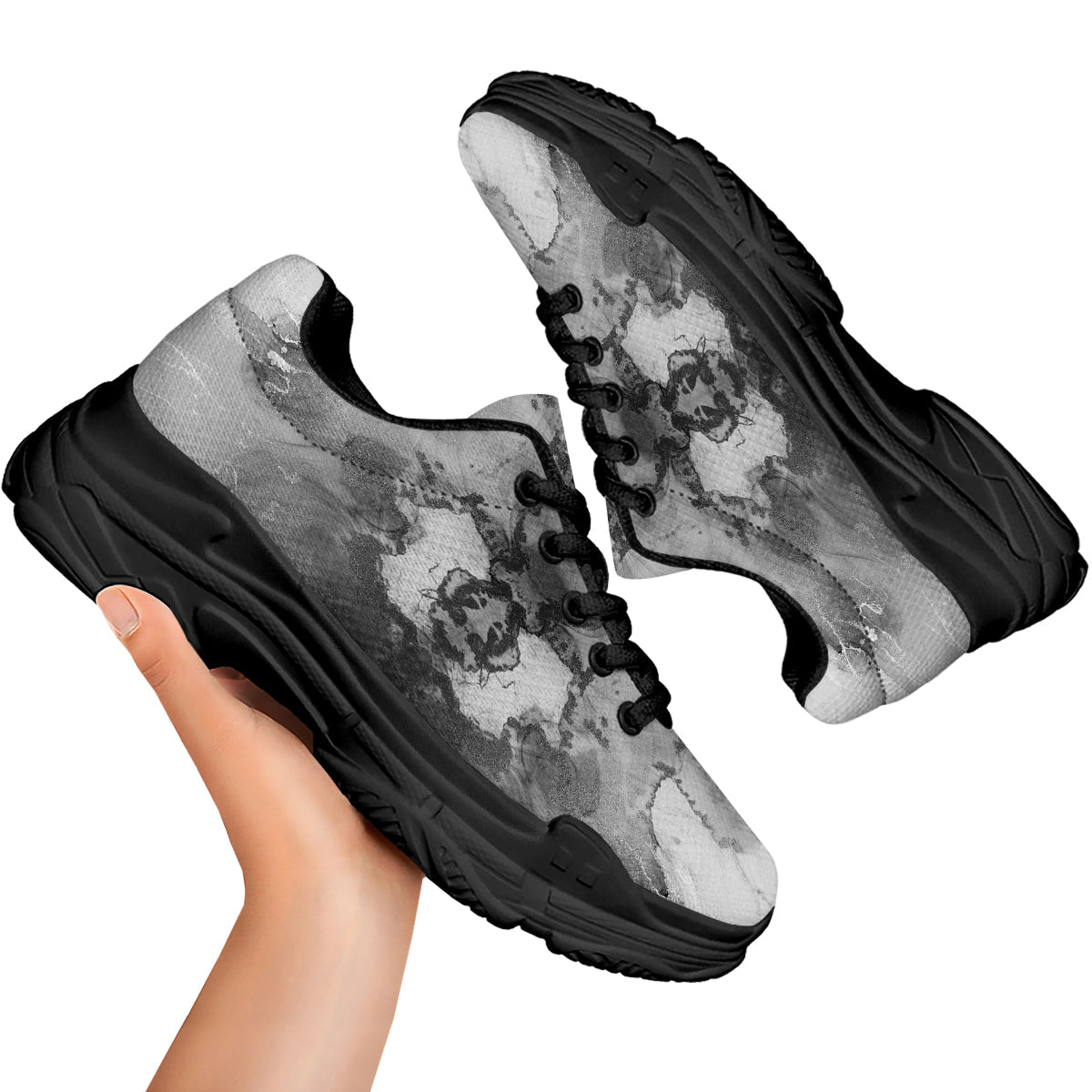 White And Dark Grey Marble Print Pattern Black Chunky Shoes-grizzshop