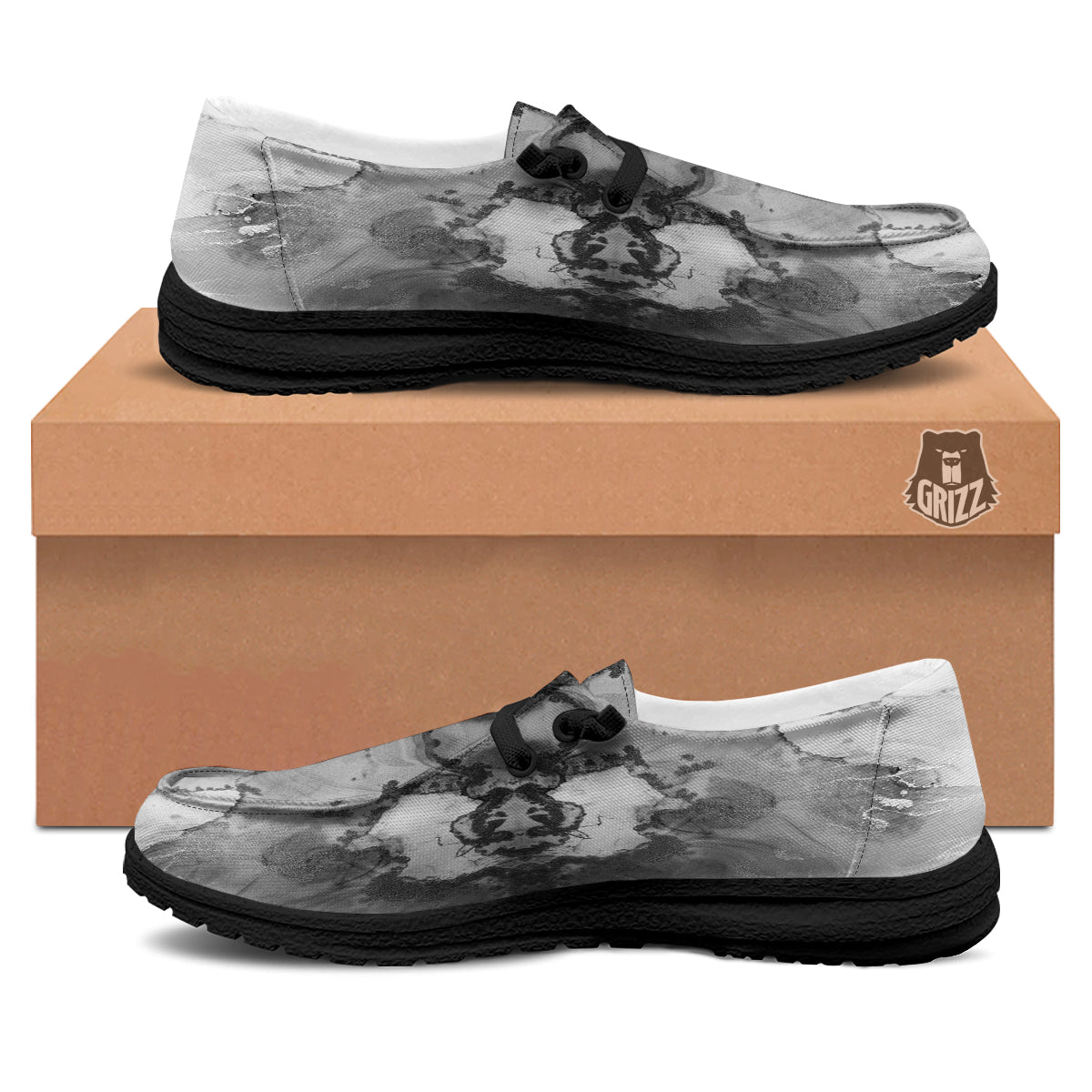White And Dark Grey Marble Print Pattern Black Loafers-grizzshop