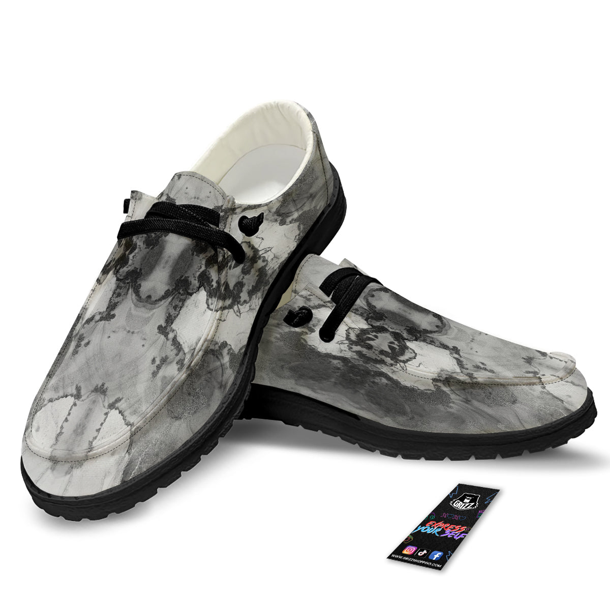 White And Dark Grey Marble Print Pattern Black Loafers-grizzshop