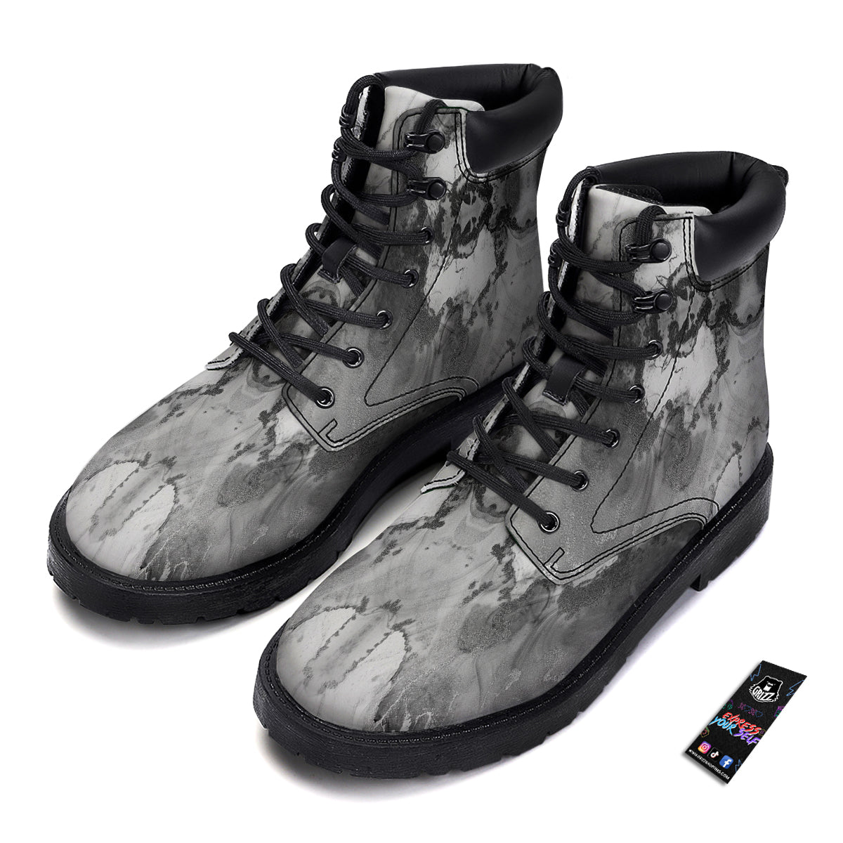 White And Dark Grey Marble Print Pattern Boots-grizzshop