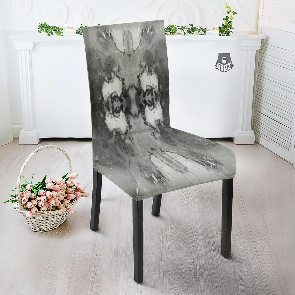 White And Dark Grey Marble Print Pattern Dining Chair Slipcover-grizzshop