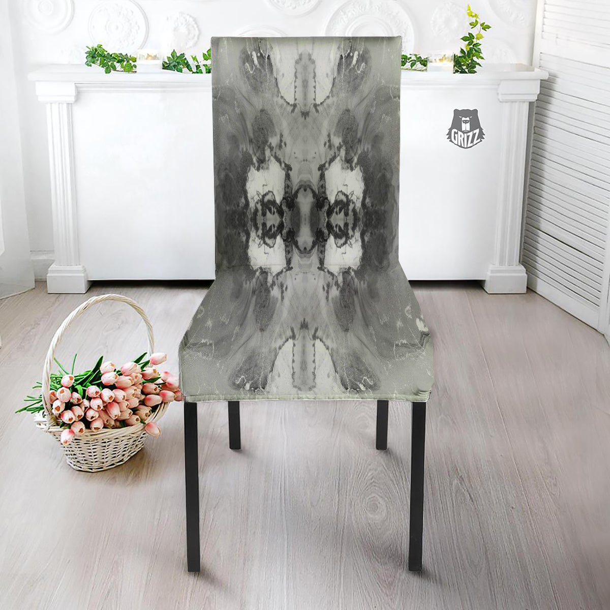 White And Dark Grey Marble Print Pattern Dining Chair Slipcover-grizzshop