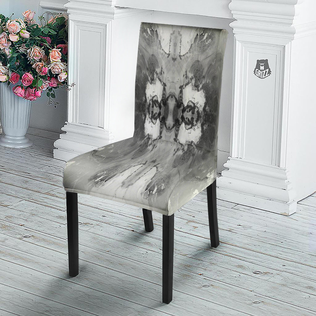 White And Dark Grey Marble Print Pattern Dining Chair Slipcover-grizzshop