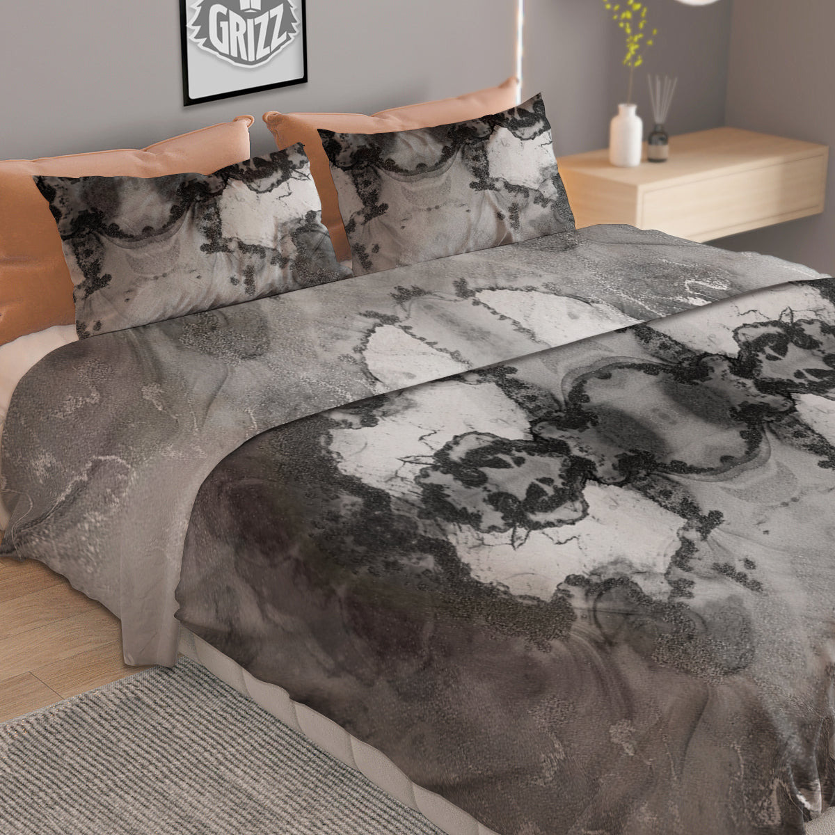White And Dark Grey Marble Print Pattern Duvet Cover Bedding Set