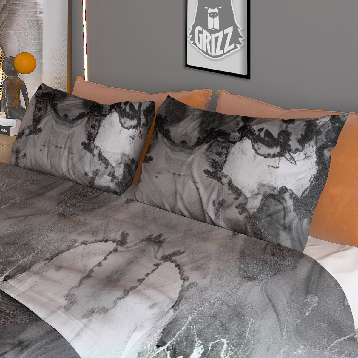 White And Dark Grey Marble Print Pattern Duvet Cover Bedding Set