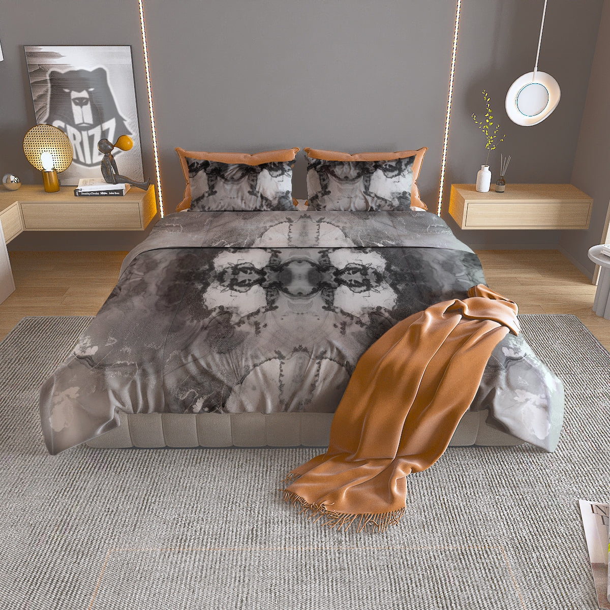 White And Dark Grey Marble Print Pattern Duvet Cover Bedding Set
