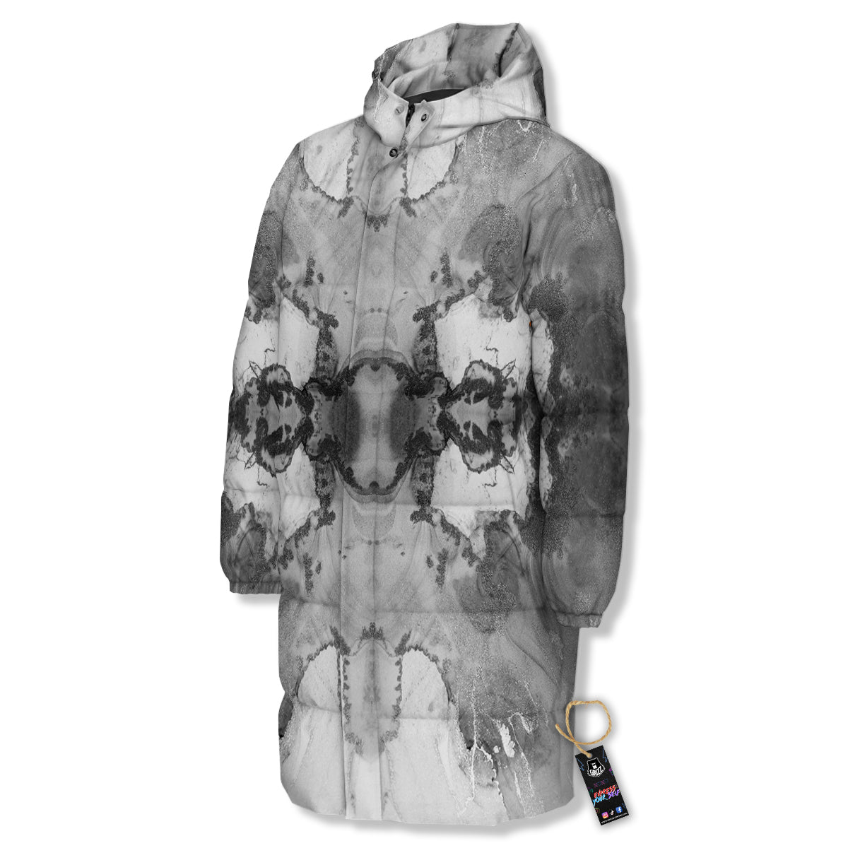 White And Dark Grey Marble Print Pattern Long Down Jacket-grizzshop