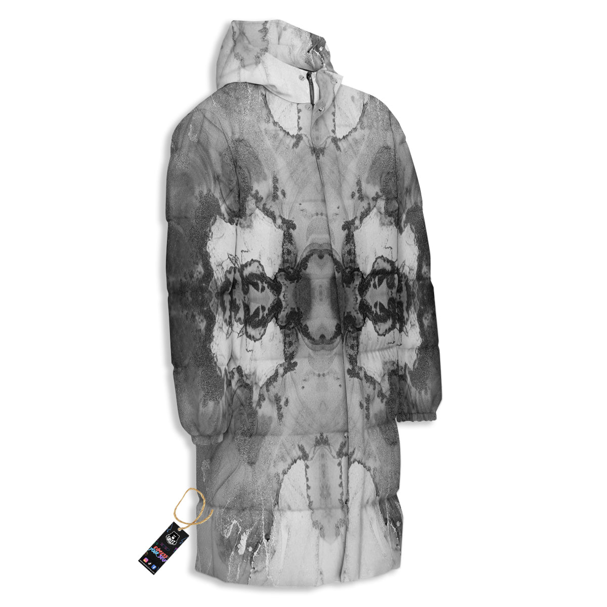 White And Dark Grey Marble Print Pattern Long Down Jacket-grizzshop