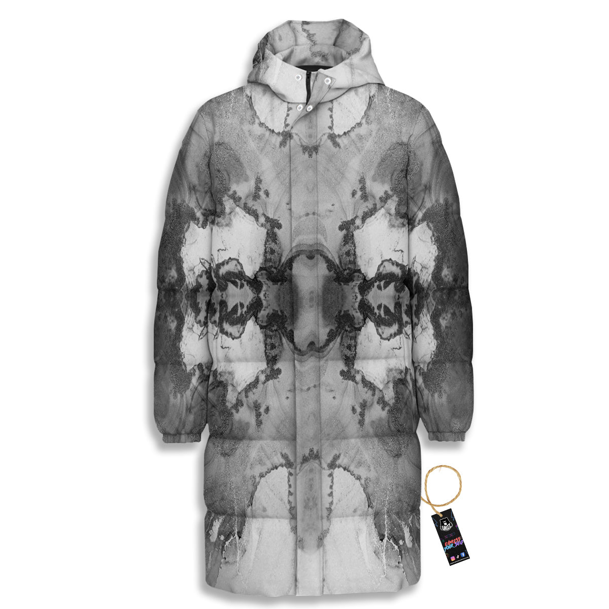 White And Dark Grey Marble Print Pattern Long Down Jacket-grizzshop