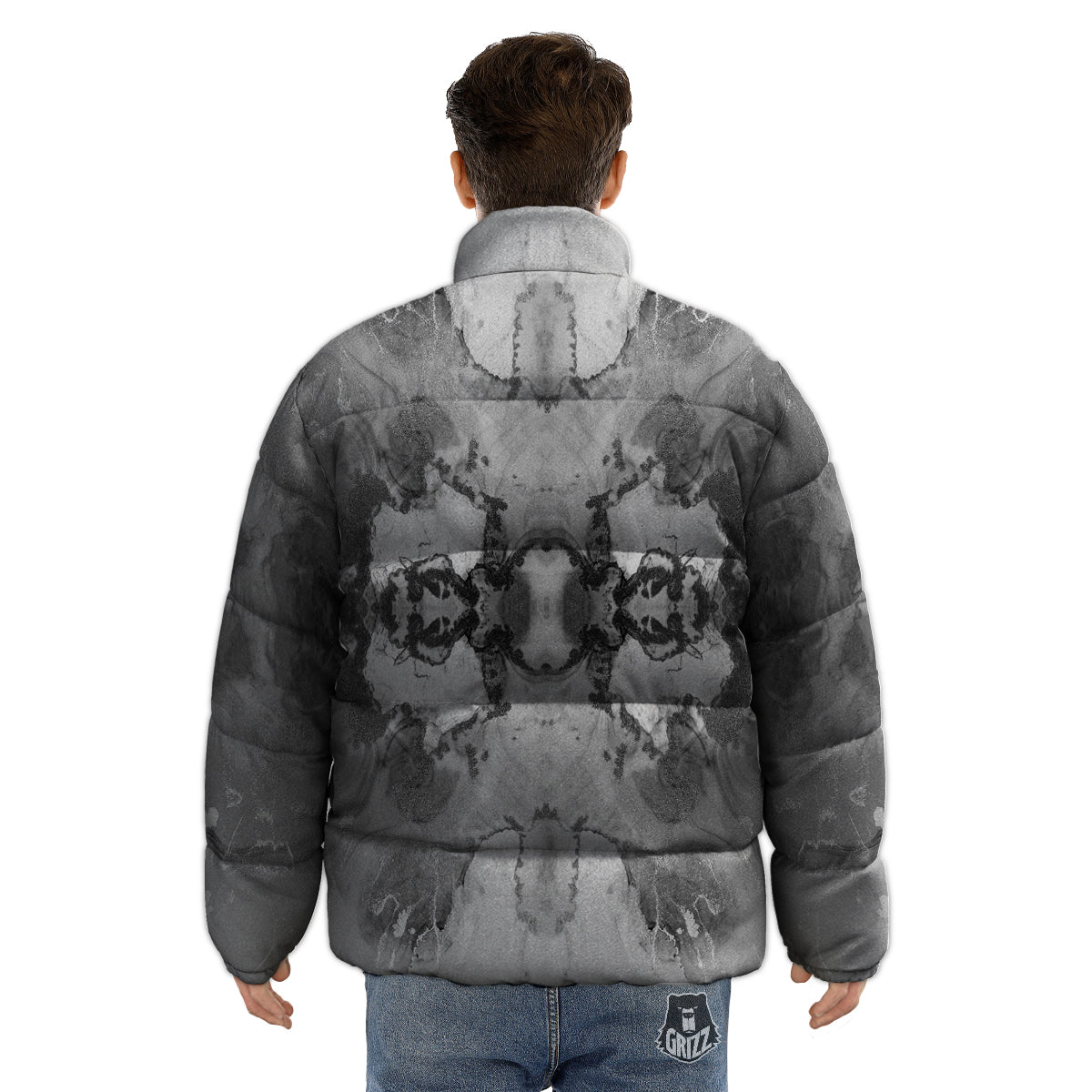 White And Dark Grey Marble Print Pattern Puffer Jacket-grizzshop