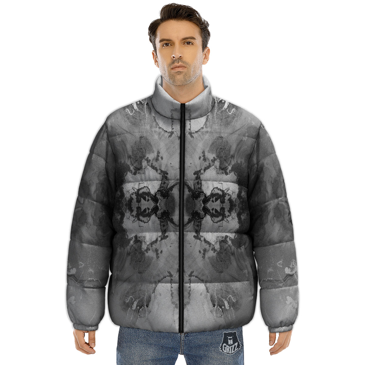 White And Dark Grey Marble Print Pattern Puffer Jacket-grizzshop