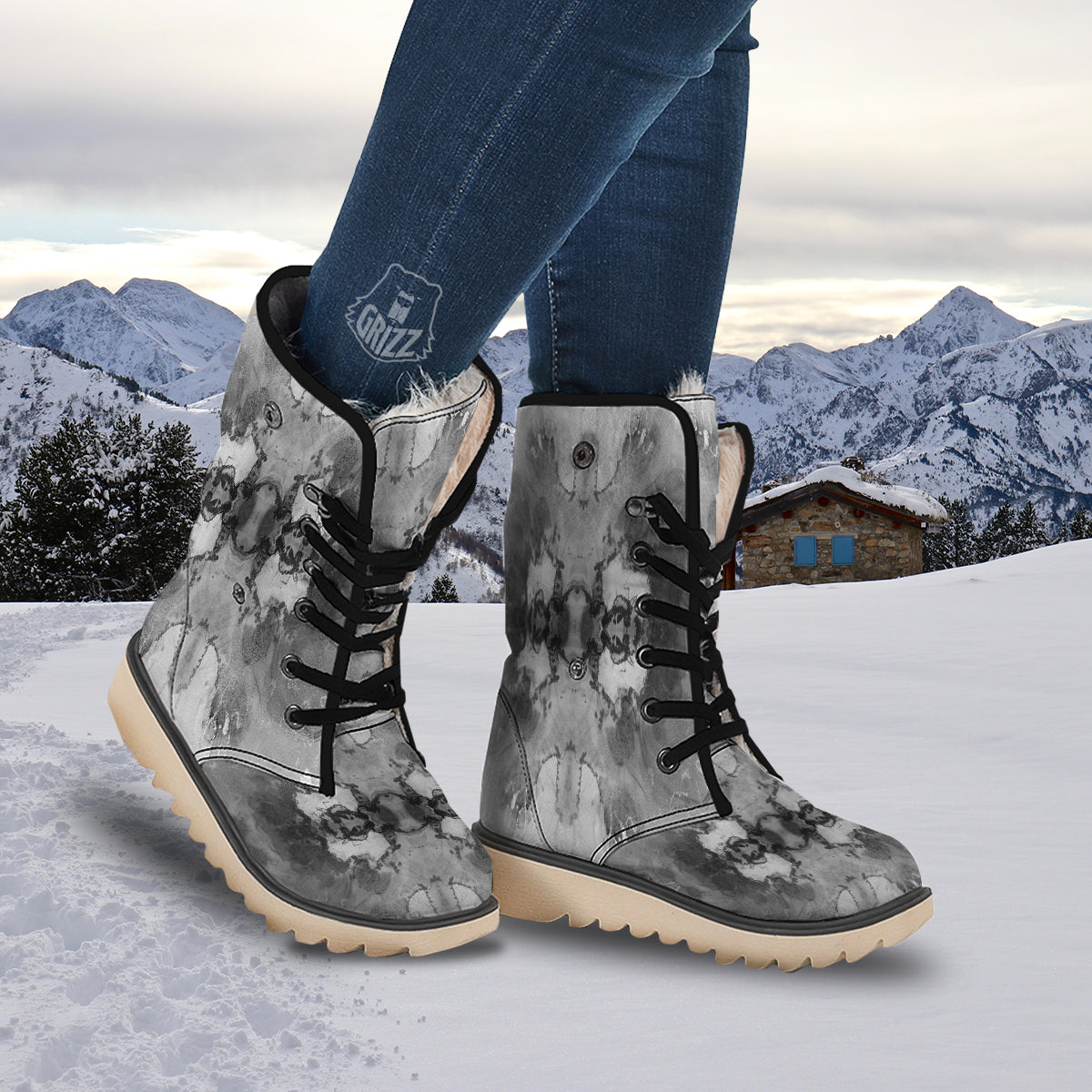 White And Dark Grey Marble Print Pattern Snow Boots-grizzshop