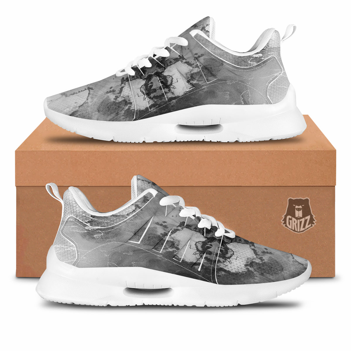 White And Dark Grey Marble Print Pattern Tennis Shoes-grizzshop