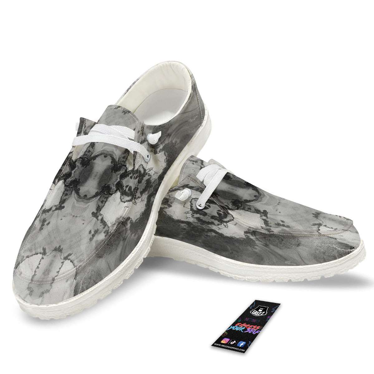 White And Dark Grey Marble Print Pattern White Loafers-grizzshop