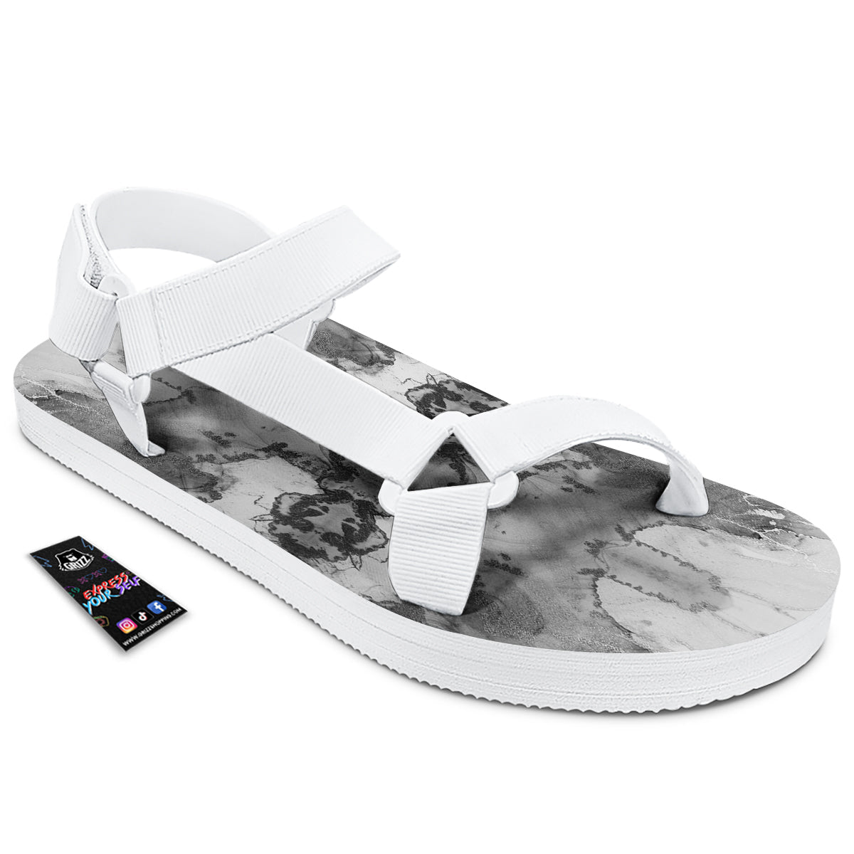 White And Dark Grey Marble Print Pattern White Open Toe Sandals-grizzshop