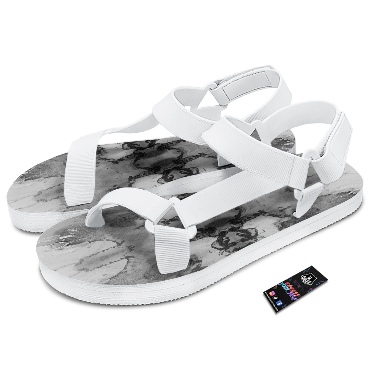 White And Dark Grey Marble Print Pattern White Open Toe Sandals-grizzshop
