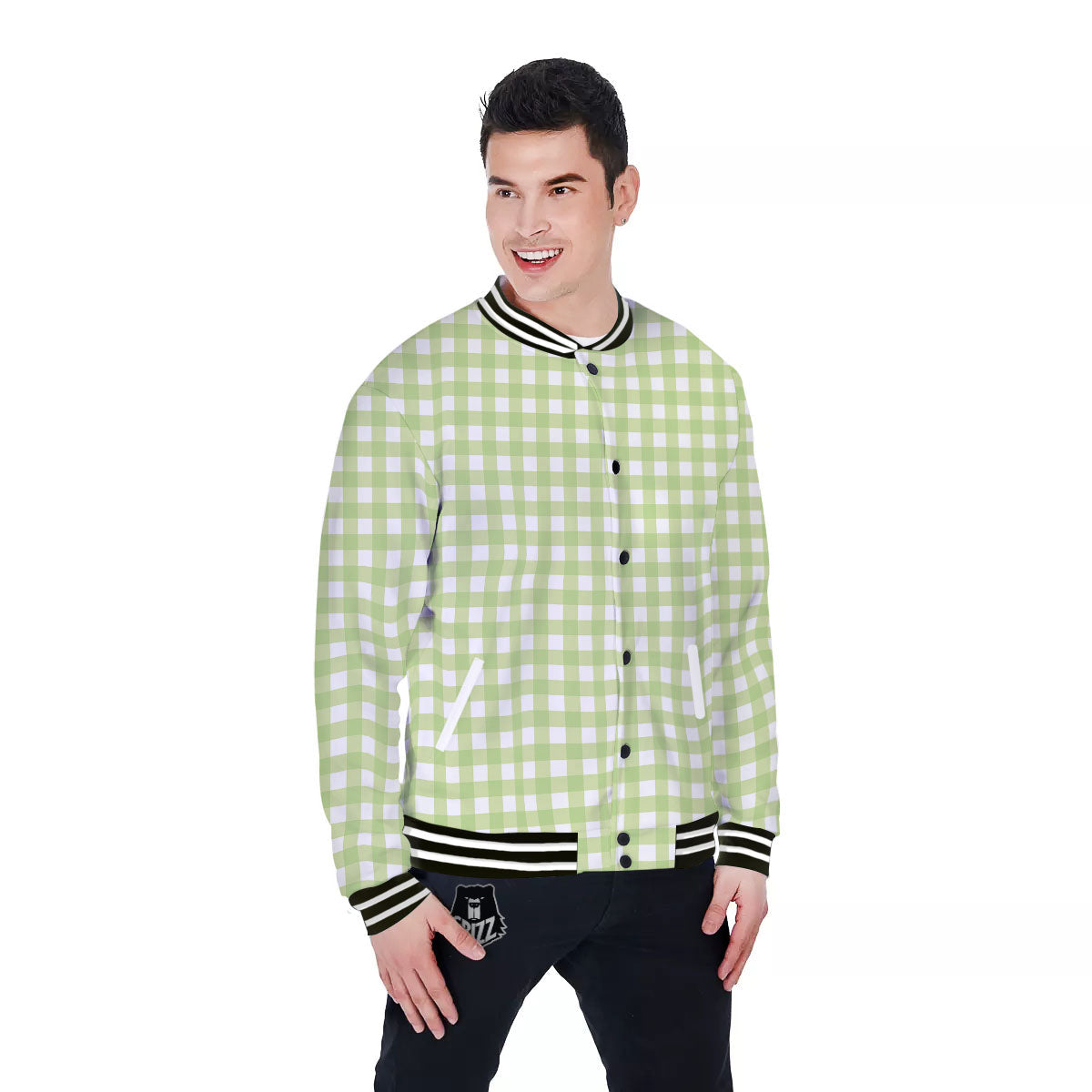 White And Green Check Print Pattern Baseball Jacket-grizzshop
