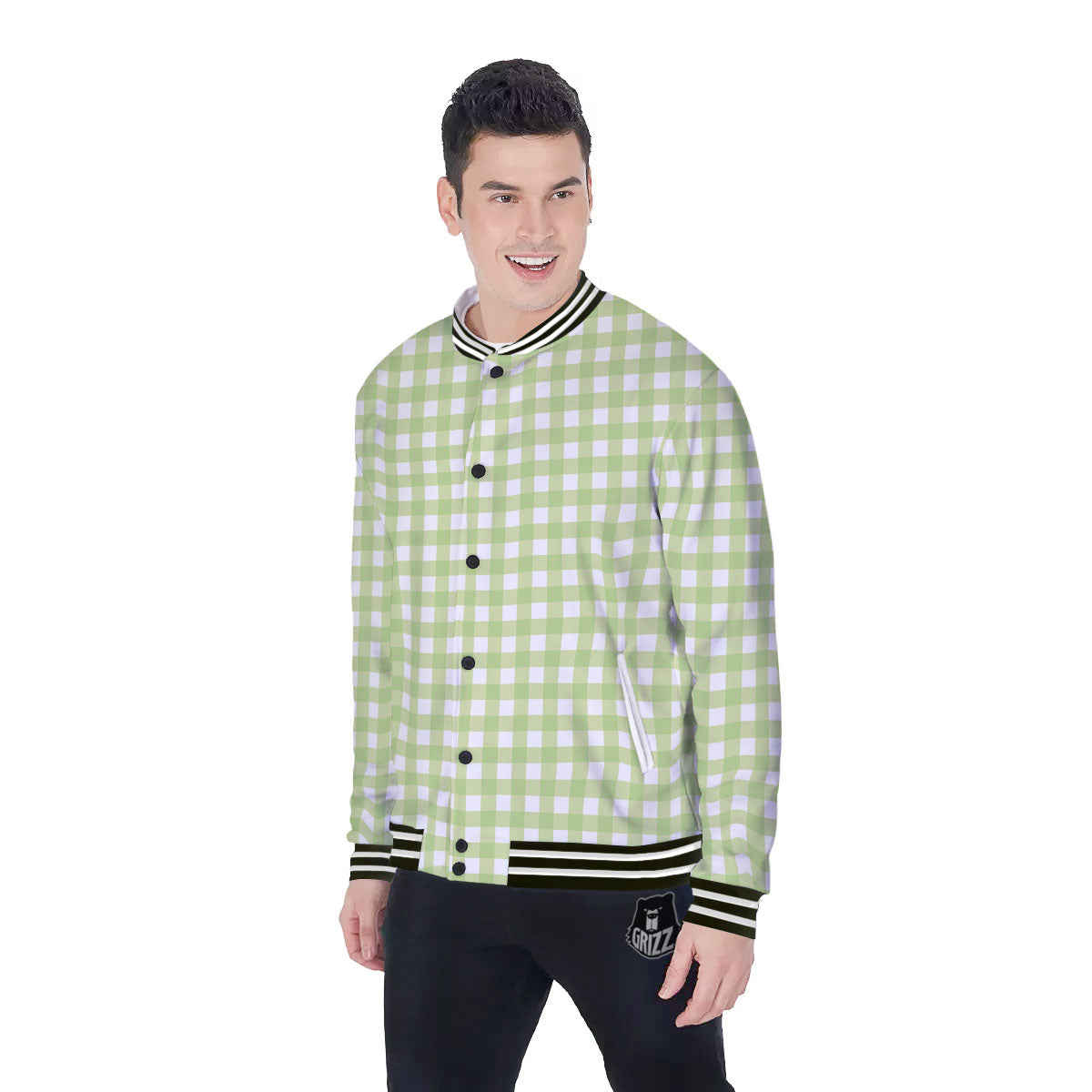 White And Green Check Print Pattern Baseball Jacket-grizzshop