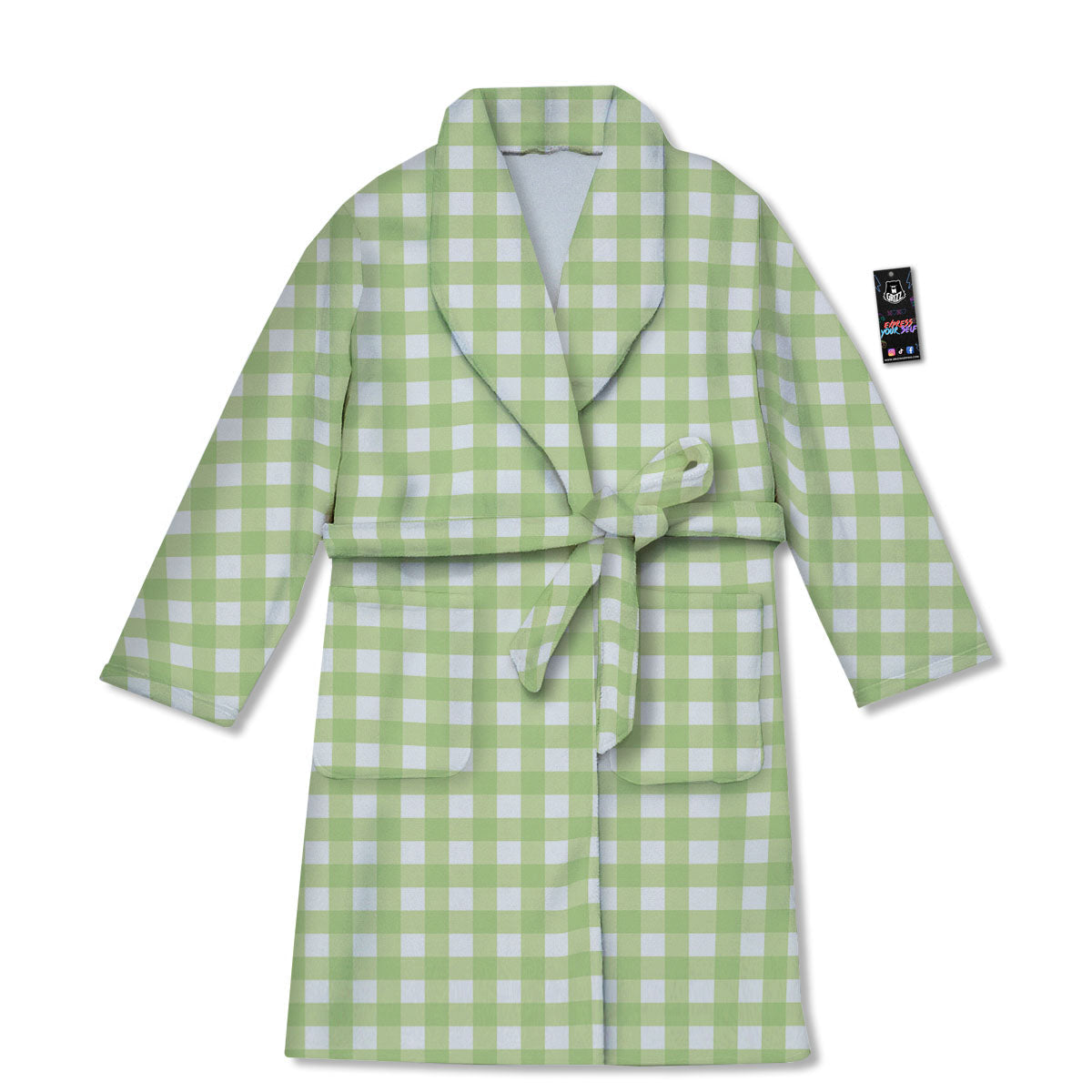 White And Green Check Print Pattern Bathrobe-grizzshop